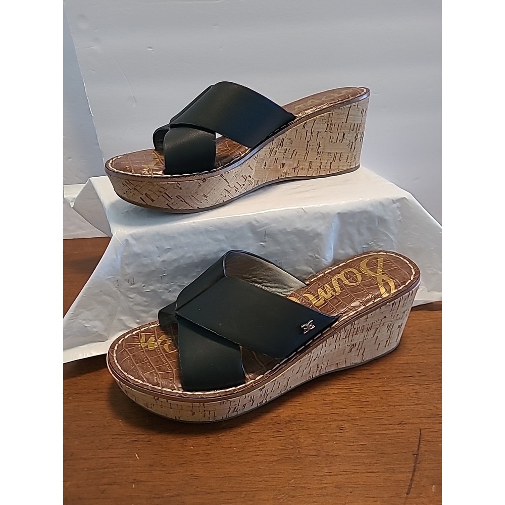 SAM EDELMAN Remini Women's Black Leather‎ Slide Wedge Sandals Size 8.5M - Picture 2 of 8
